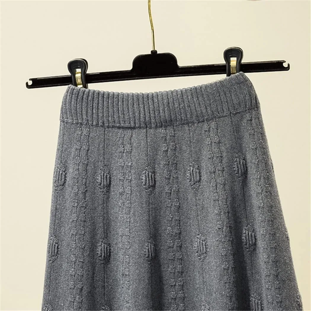 Autumn Winter Knitted Jacquard Midi Long Skirt, Women Korean Style Mid-Length High Waist Skirt