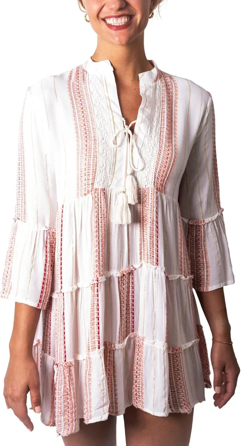 Back From Bali Womens Summer Dress Boho Loose Flowy Tunic Top Casual Short Cute Embroidered Beach Shift Dress