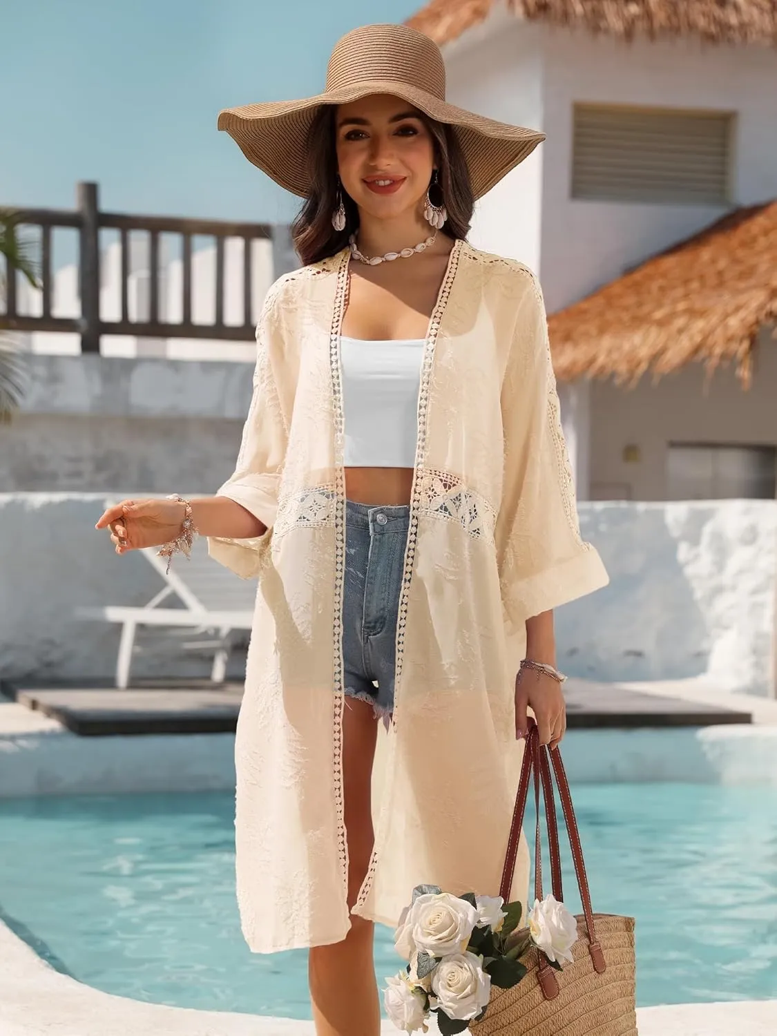 BB&KK Kimonos for Women Long Beach Cover Ups Summer Swimwear Sheer Boho Embroidery Open Front Floral Midi