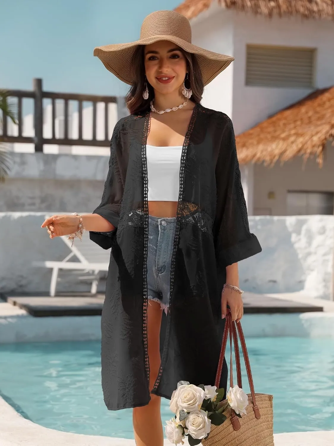 BB&KK Kimonos for Women Long Beach Cover Ups Summer Swimwear Sheer Boho Embroidery Open Front Floral Midi
