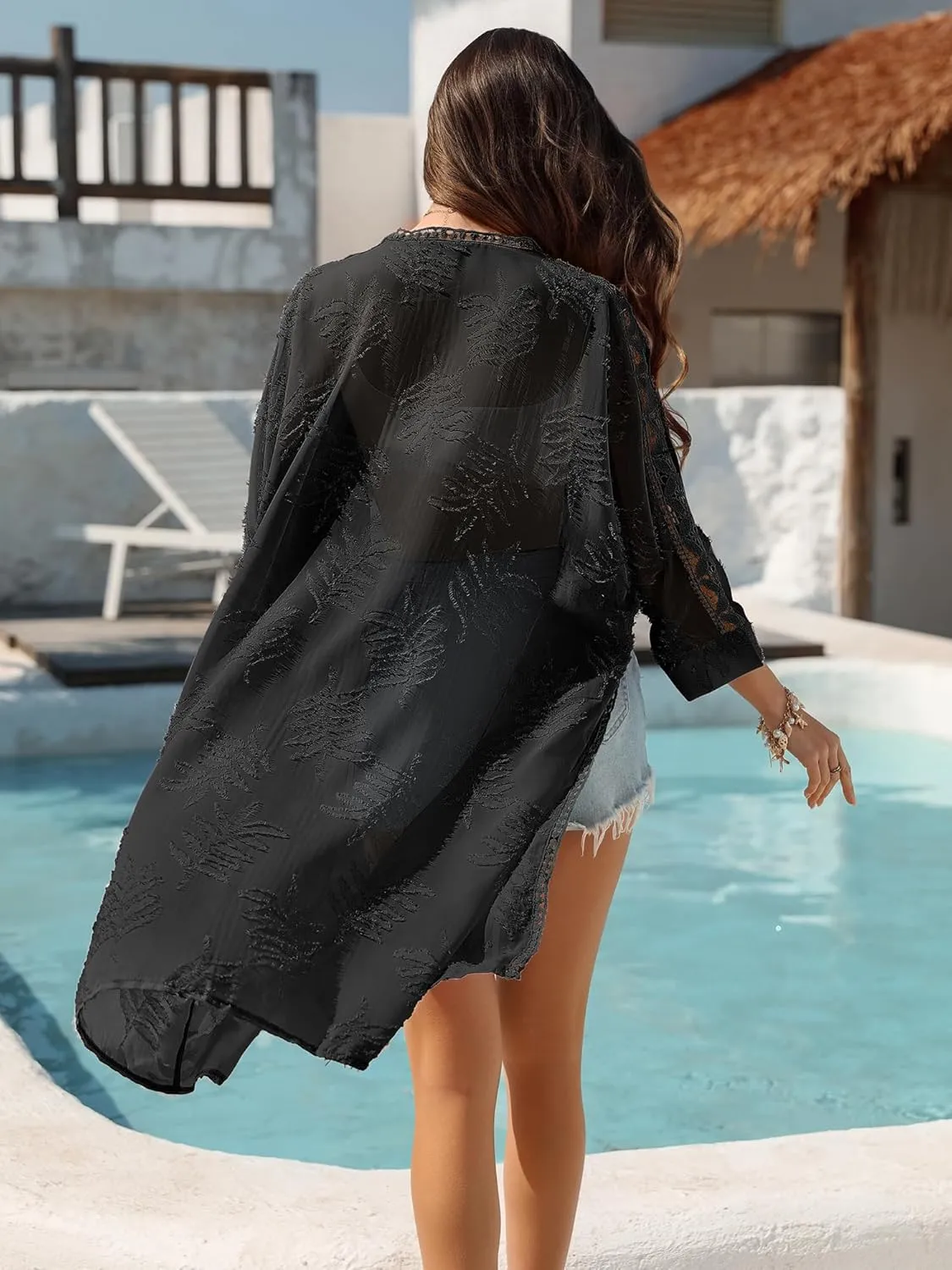 BB&KK Kimonos for Women Long Beach Cover Ups Summer Swimwear Sheer Boho Embroidery Open Front Floral Midi