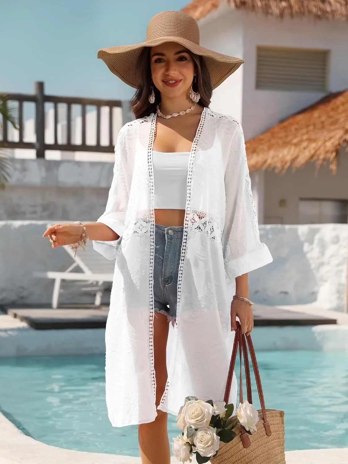 BB&KK Kimonos for Women Long Beach Cover Ups Summer Swimwear Sheer Boho Embroidery Open Front Floral Midi