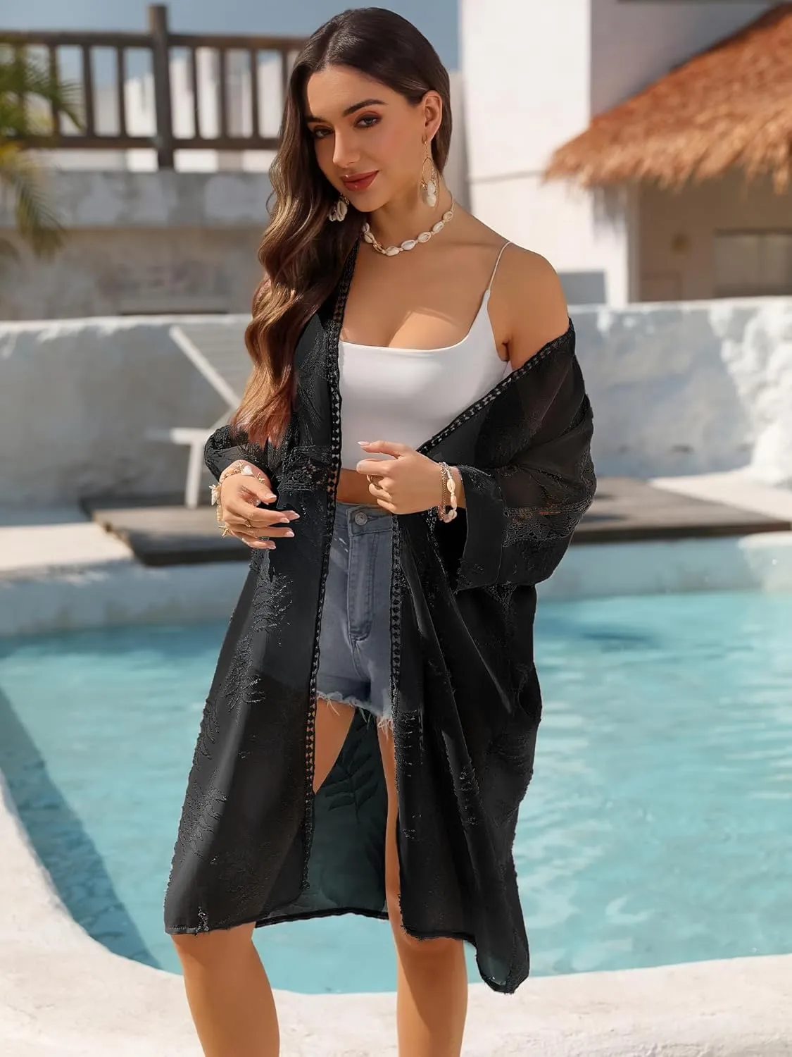 BB&KK Kimonos for Women Long Beach Cover Ups Summer Swimwear Sheer Boho Embroidery Open Front Floral Midi