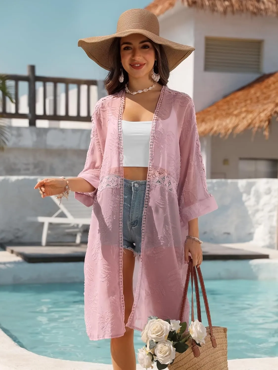 BB&KK Kimonos for Women Long Beach Cover Ups Summer Swimwear Sheer Boho Embroidery Open Front Floral Midi