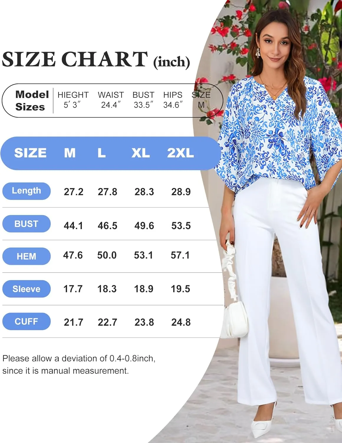 Bebonnie Womens 3/4 Sleeve V Neck Bohemian Peasant Blouses Casual Loose Fit Tunic Tops