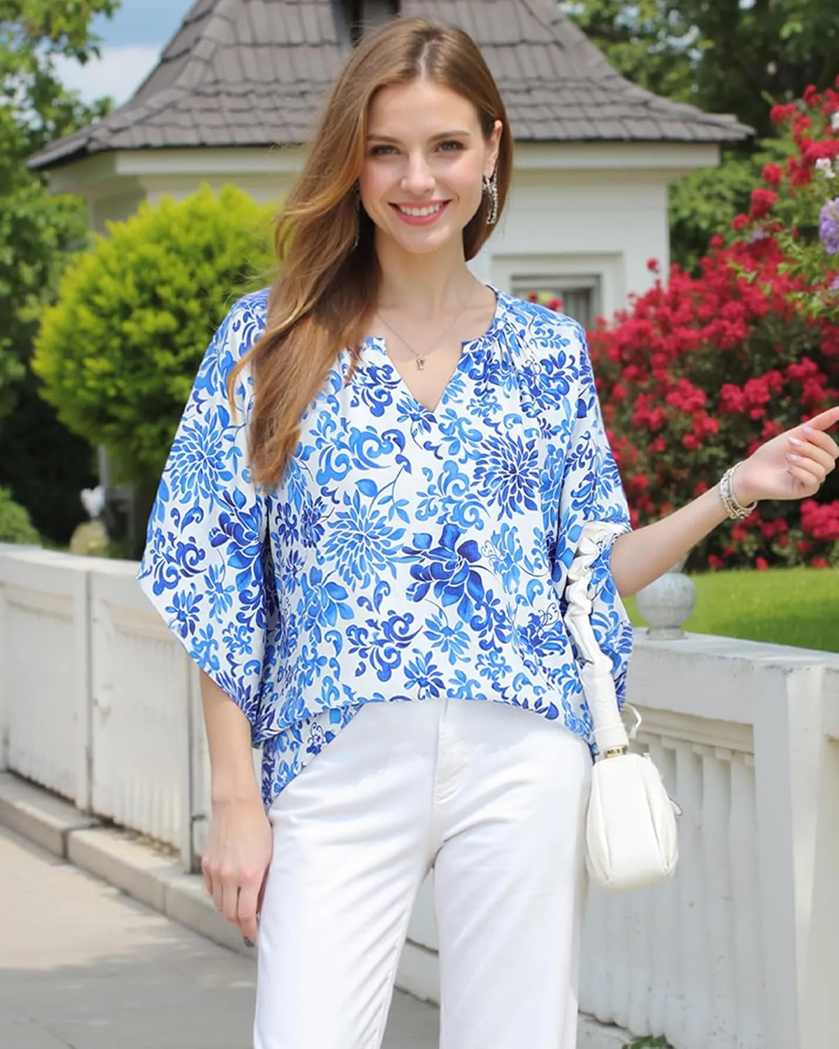 Bebonnie Womens 3/4 Sleeve V Neck Bohemian Peasant Blouses Casual Loose Fit Tunic Tops