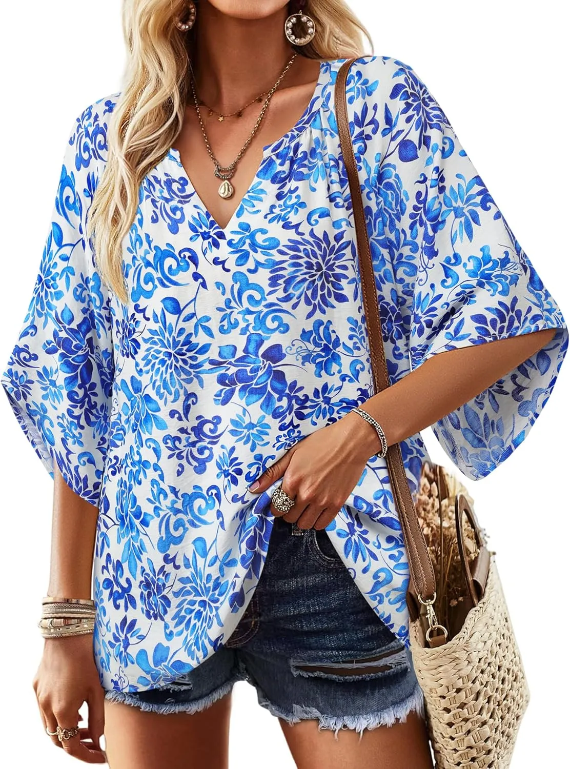Bebonnie Womens 3/4 Sleeve V Neck Bohemian Peasant Blouses Casual Loose Fit Tunic Tops