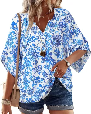 Bebonnie Womens 3/4 Sleeve V Neck Bohemian Peasant Blouses Casual Loose Fit Tunic Tops