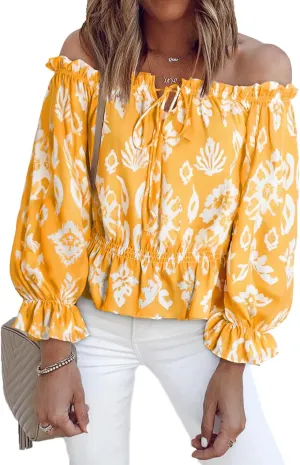 BLENCOT Summer Sexy Off Shoulder Tops for Women Boho Ruffle Sleeve Floral Chiffon Shirts Blouses
