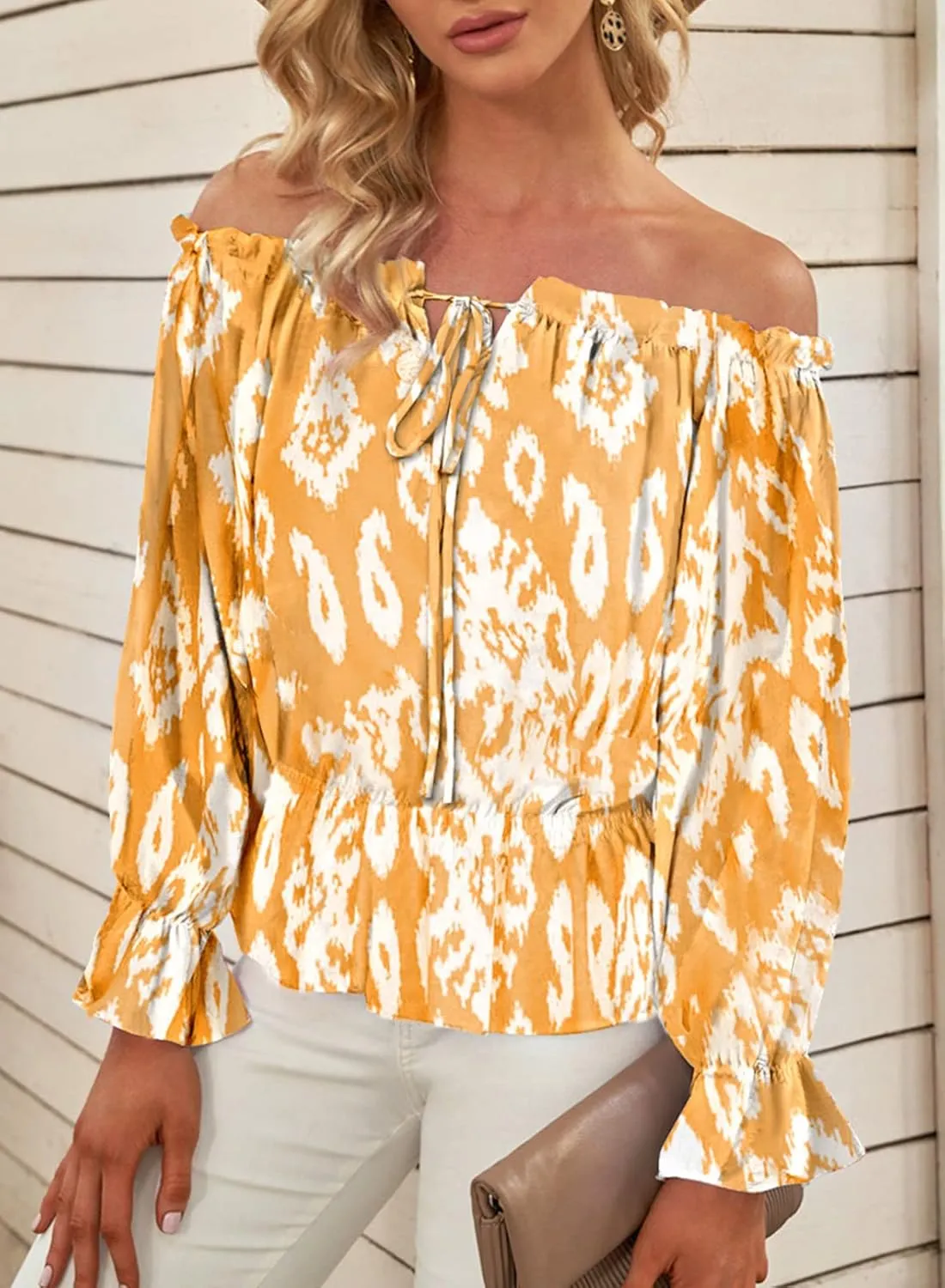 BLENCOT Summer Sexy Off Shoulder Tops for Women Boho Ruffle Sleeve Floral Chiffon Shirts Blouses