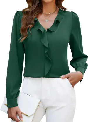 Blooming Jelly Womens Dressy Casual Blouse Business Long Sleeve Tops Ruffle V Neck Work Shirt Fall Outfit 2024