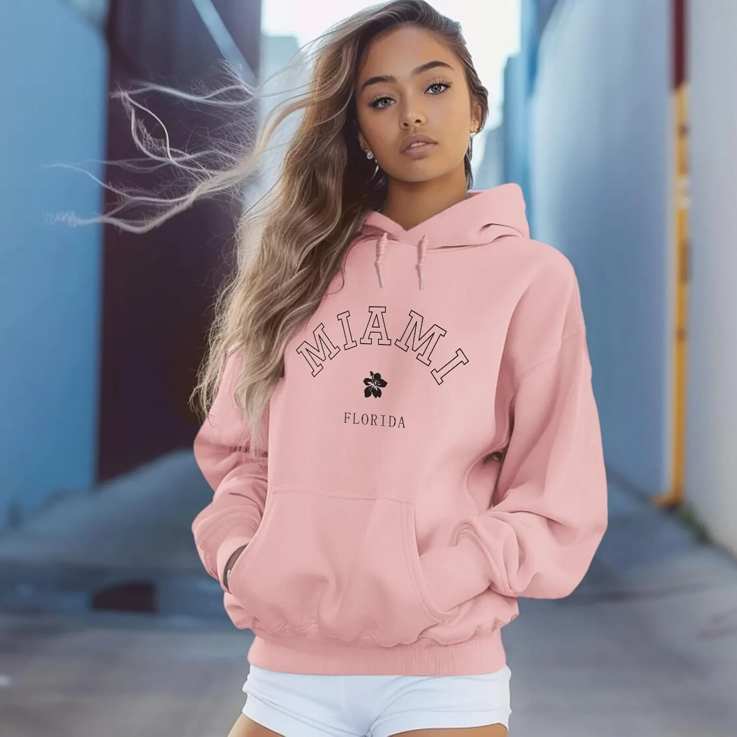 Bobeutou Oversized Letter Graphic Print Hoodies for Women Miami Florida Sweatshirt Preppy Trendy Fleece Pocket Pullover Top