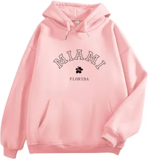 Bobeutou Oversized Letter Graphic Print Hoodies for Women Miami Florida Sweatshirt Preppy Trendy Fleece Pocket Pullover Top