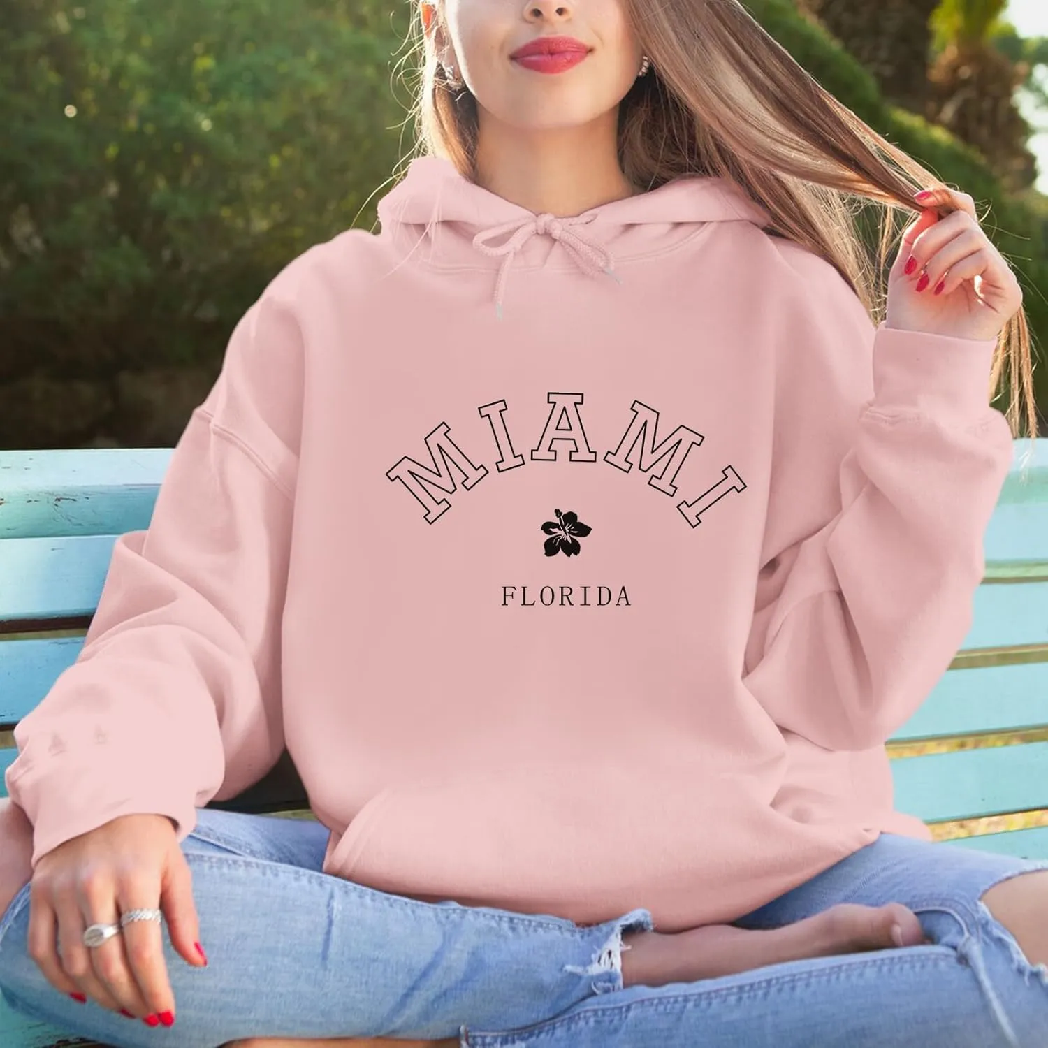 Bobeutou Oversized Letter Graphic Print Hoodies for Women Miami Florida Sweatshirt Preppy Trendy Fleece Pocket Pullover Top