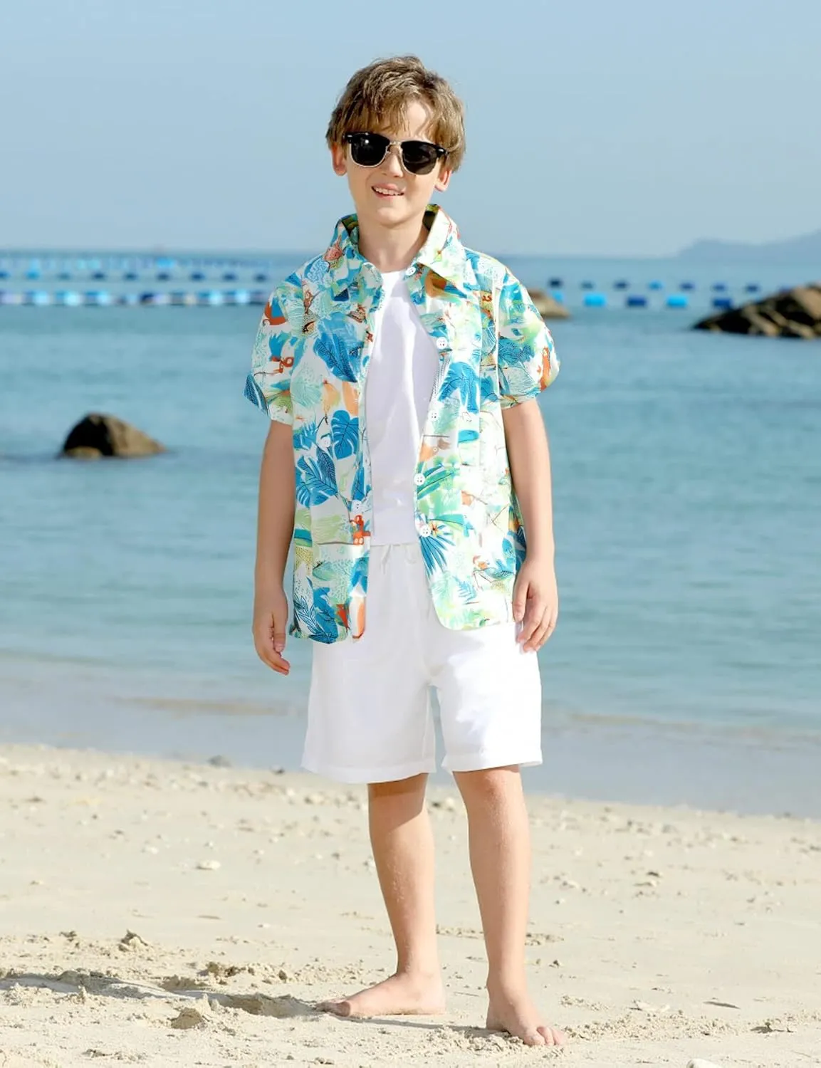 Boys Hawaiian Shirt Short Sleeve Boys Button Down Shirt Beach Casual Summer Print Top T-Shirt for Kids 5-14 Years