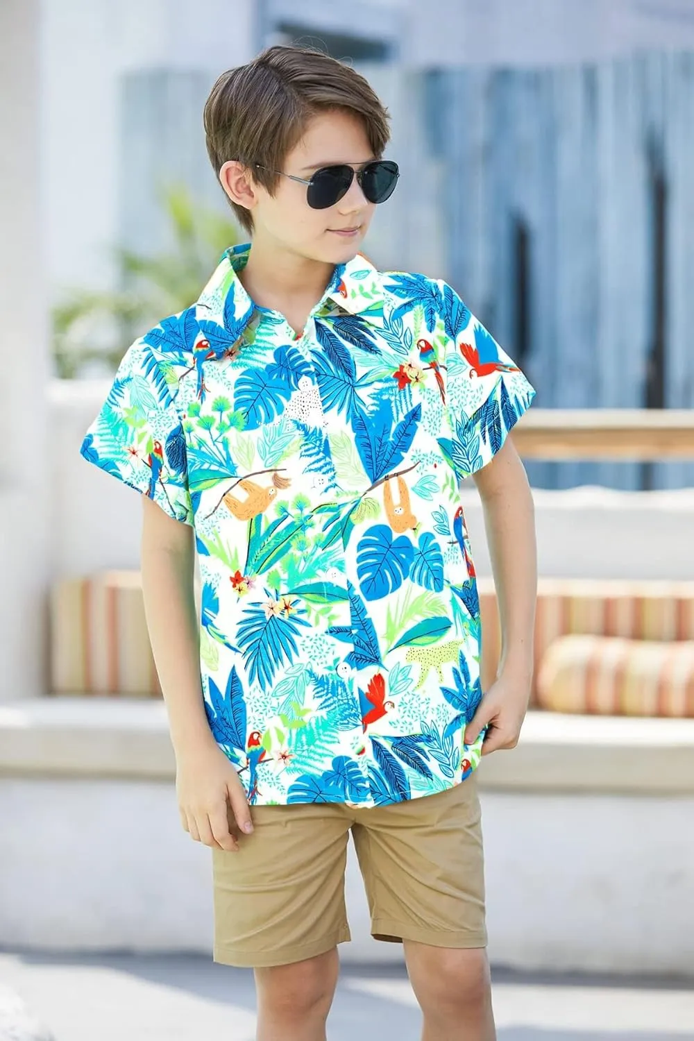 Boys Hawaiian Shirt Short Sleeve Boys Button Down Shirt Beach Casual Summer Print Top T-Shirt for Kids 5-14 Years