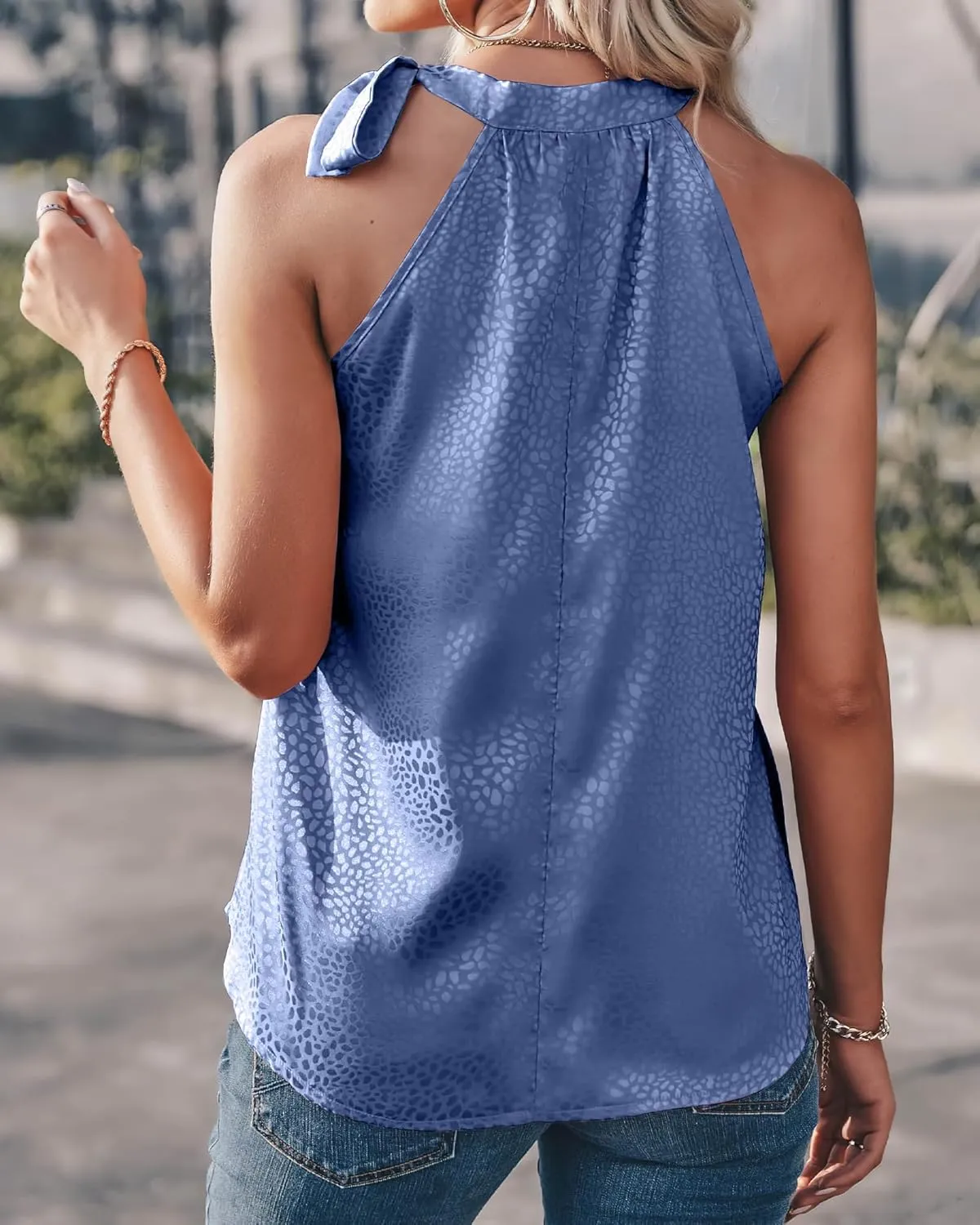 BTFBM Women Sleeveless Tie Mock Neck Summer Tops Loose Casual Side Bow Satin Halter Tank Top Blouse Shirts