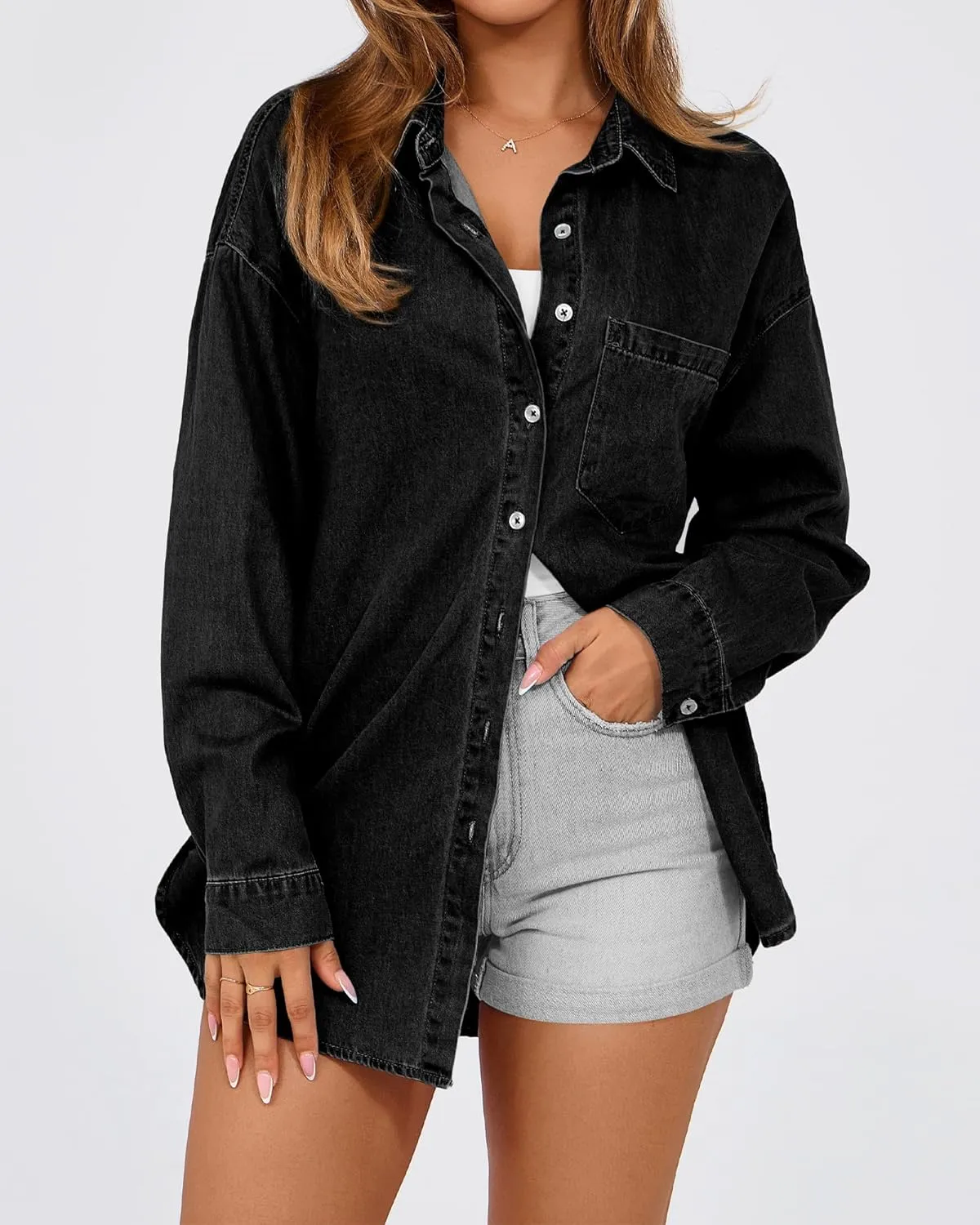 BTFBM Womens Button Down Denim Shirts Fall Lapel V Neck Lightweight Oversized Long Sleeve Thin Casual Blouse Tops Pocket