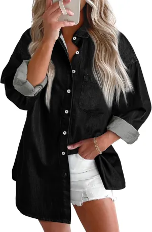 BTFBM Womens Button Down Denim Shirts Fall Lapel V Neck Lightweight Oversized Long Sleeve Thin Casual Blouse Tops Pocket