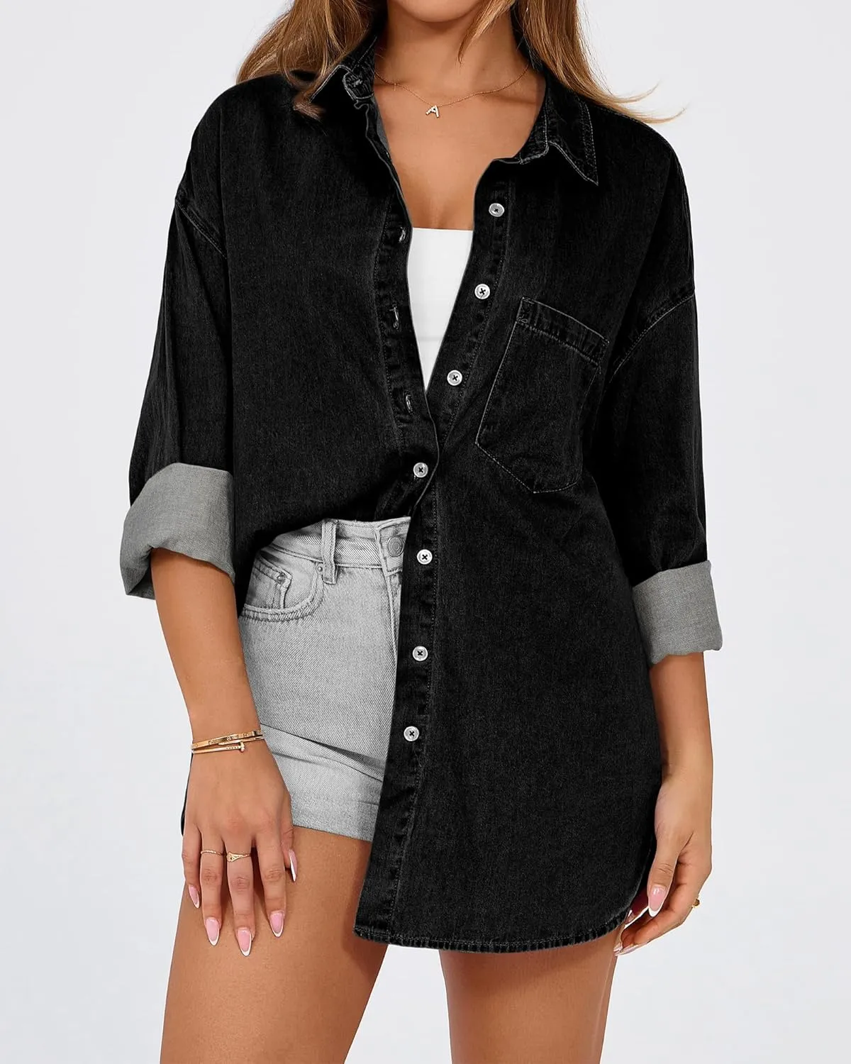 BTFBM Womens Button Down Denim Shirts Fall Lapel V Neck Lightweight Oversized Long Sleeve Thin Casual Blouse Tops Pocket