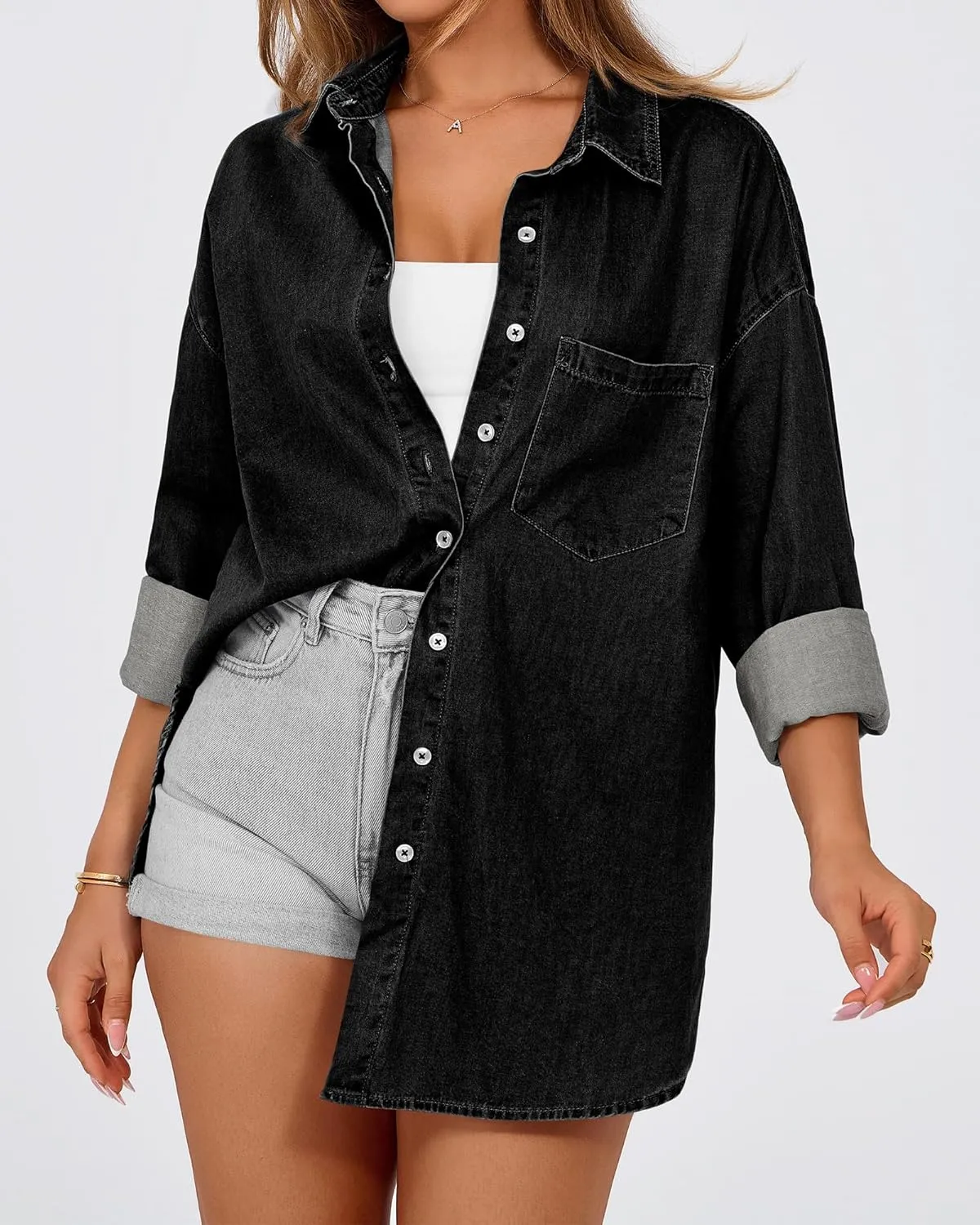 BTFBM Womens Button Down Denim Shirts Fall Lapel V Neck Lightweight Oversized Long Sleeve Thin Casual Blouse Tops Pocket