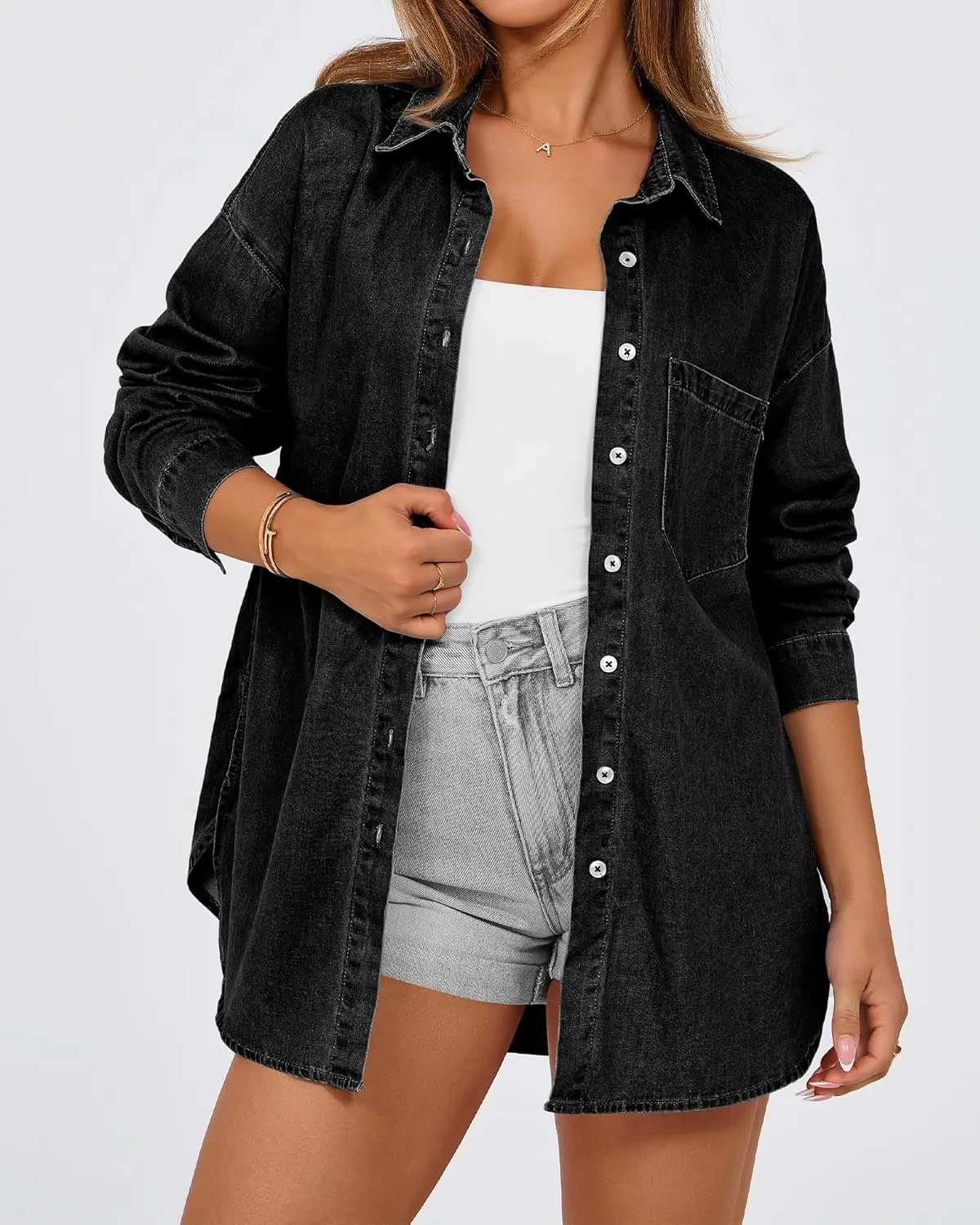 BTFBM Womens Button Down Denim Shirts Fall Lapel V Neck Lightweight Oversized Long Sleeve Thin Casual Blouse Tops Pocket