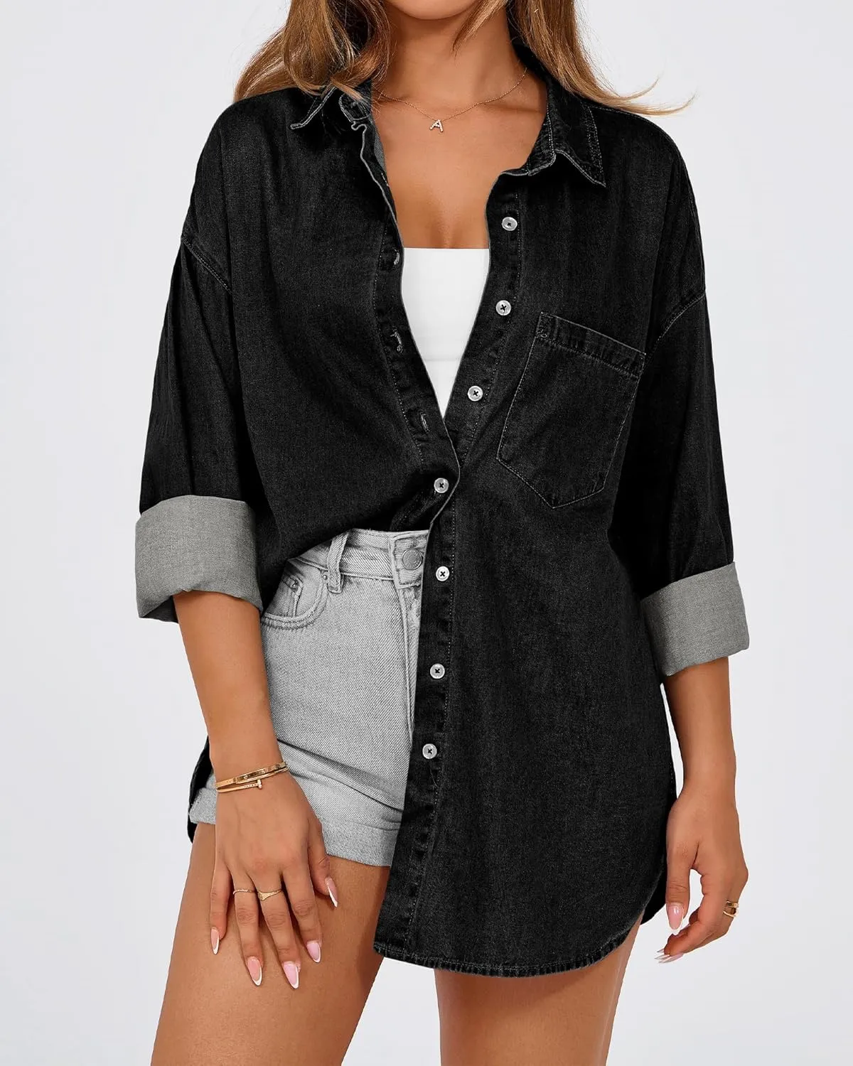BTFBM Womens Button Down Denim Shirts Fall Lapel V Neck Lightweight Oversized Long Sleeve Thin Casual Blouse Tops Pocket