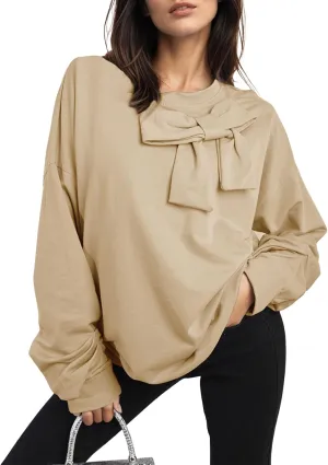 Cakulo 2024 Oversized Sweatshirts For Women Loose Fit Fall Fashion Crewneck Long Sleeve Casual Cute Bow Tunic Tops