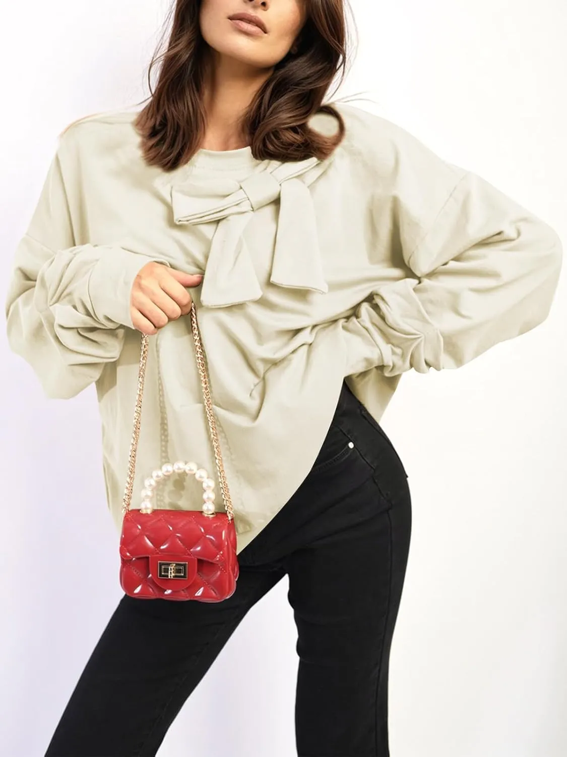 Cakulo 2024 Oversized Sweatshirts For Women Loose Fit Fall Fashion Crewneck Long Sleeve Casual Cute Bow Tunic Tops