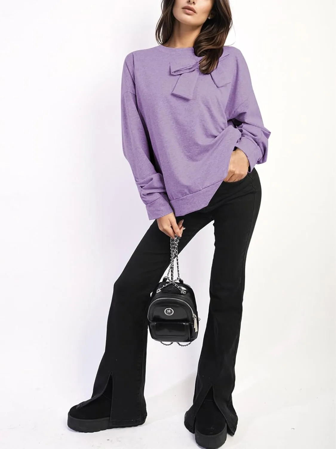 Cakulo 2024 Oversized Sweatshirts For Women Loose Fit Fall Fashion Crewneck Long Sleeve Casual Cute Bow Tunic Tops