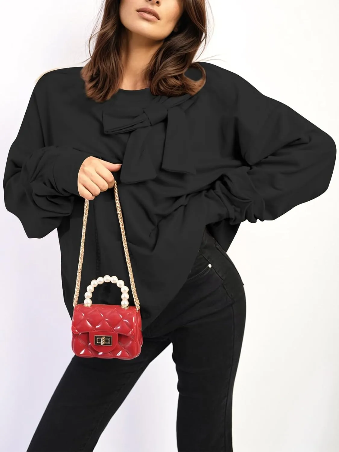 Cakulo 2024 Oversized Sweatshirts For Women Loose Fit Fall Fashion Crewneck Long Sleeve Casual Cute Bow Tunic Tops