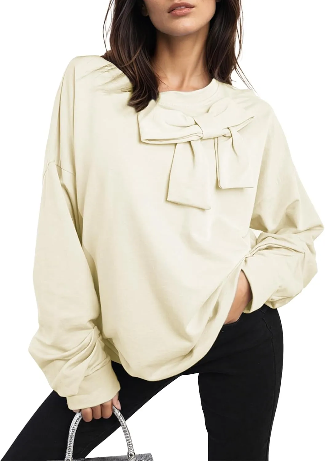 Cakulo 2024 Oversized Sweatshirts For Women Loose Fit Fall Fashion Crewneck Long Sleeve Casual Cute Bow Tunic Tops