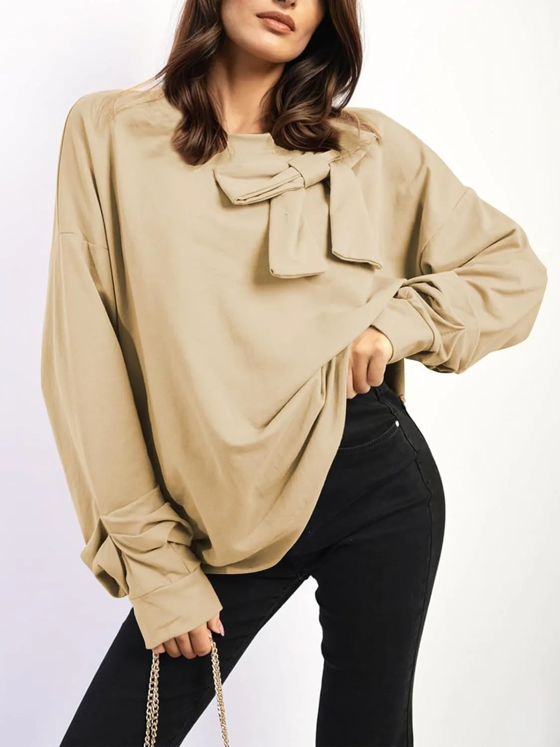 Cakulo 2024 Oversized Sweatshirts For Women Loose Fit Fall Fashion Crewneck Long Sleeve Casual Cute Bow Tunic Tops