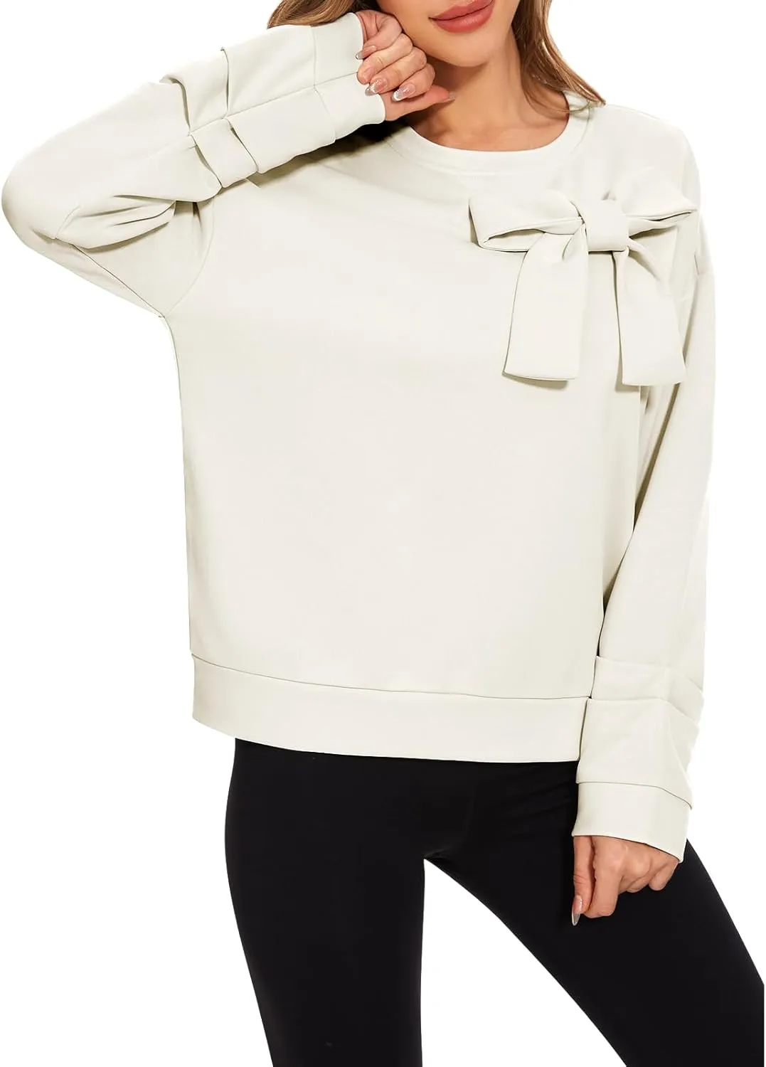 Cakulo 2024 Oversized Sweatshirts For Women Loose Fit Fall Fashion Crewneck Long Sleeve Casual Cute Bow Tunic Tops
