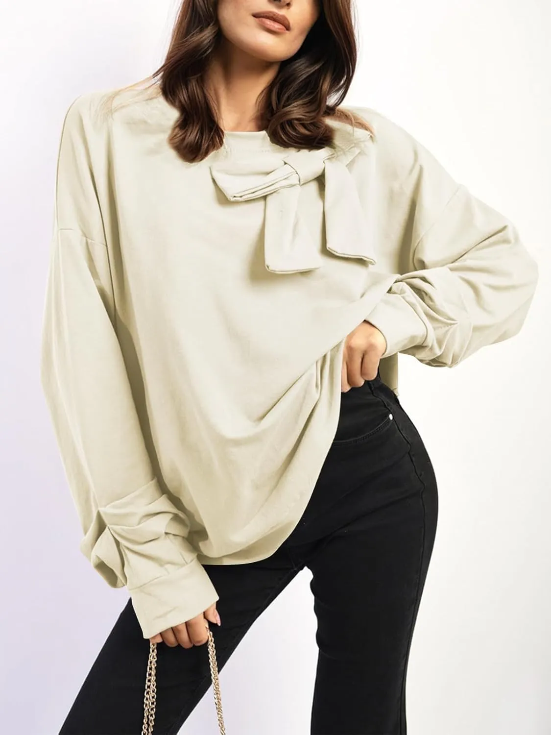 Cakulo 2024 Oversized Sweatshirts For Women Loose Fit Fall Fashion Crewneck Long Sleeve Casual Cute Bow Tunic Tops