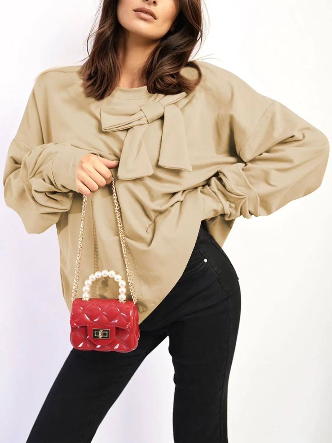 Cakulo 2024 Oversized Sweatshirts For Women Loose Fit Fall Fashion Crewneck Long Sleeve Casual Cute Bow Tunic Tops