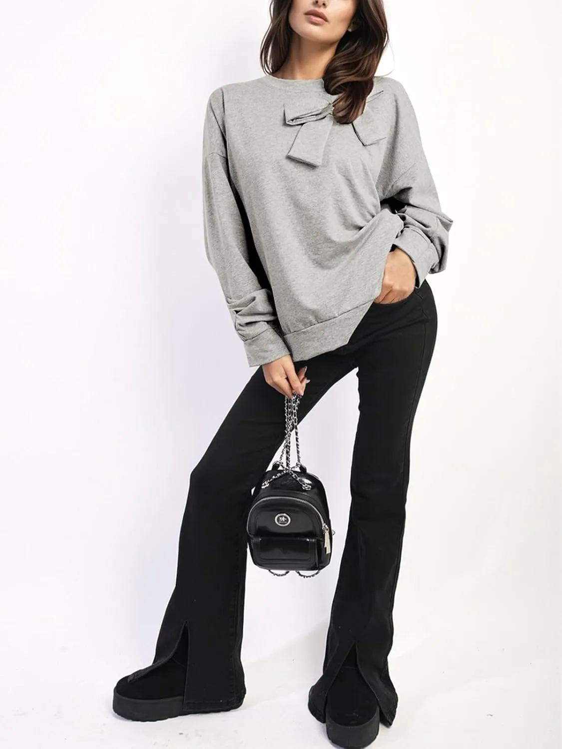 Cakulo 2024 Oversized Sweatshirts For Women Loose Fit Fall Fashion Crewneck Long Sleeve Casual Cute Bow Tunic Tops