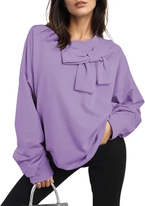 Cakulo 2024 Oversized Sweatshirts For Women Loose Fit Fall Fashion Crewneck Long Sleeve Casual Cute Bow Tunic Tops