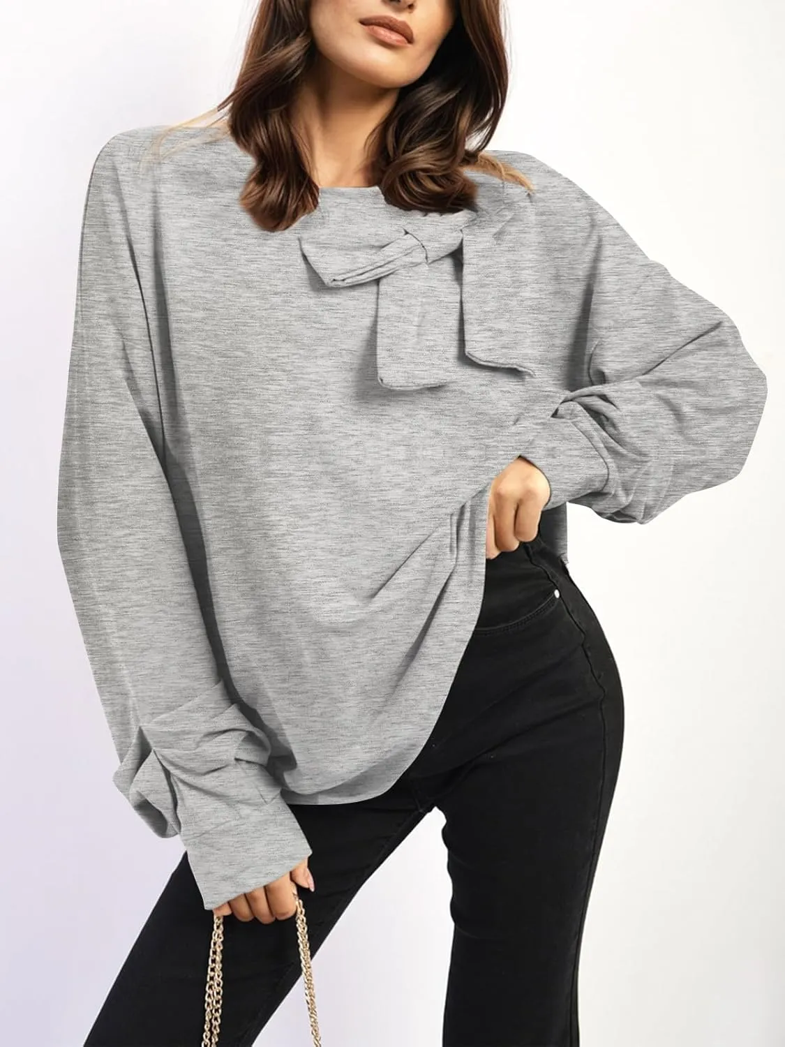 Cakulo 2024 Oversized Sweatshirts For Women Loose Fit Fall Fashion Crewneck Long Sleeve Casual Cute Bow Tunic Tops