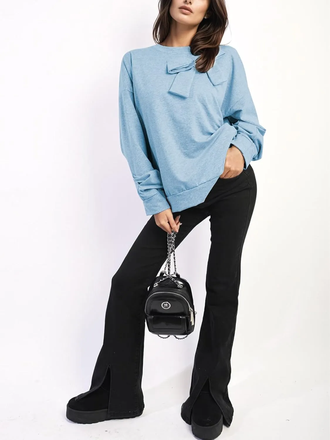 Cakulo 2024 Oversized Sweatshirts For Women Loose Fit Fall Fashion Crewneck Long Sleeve Casual Cute Bow Tunic Tops