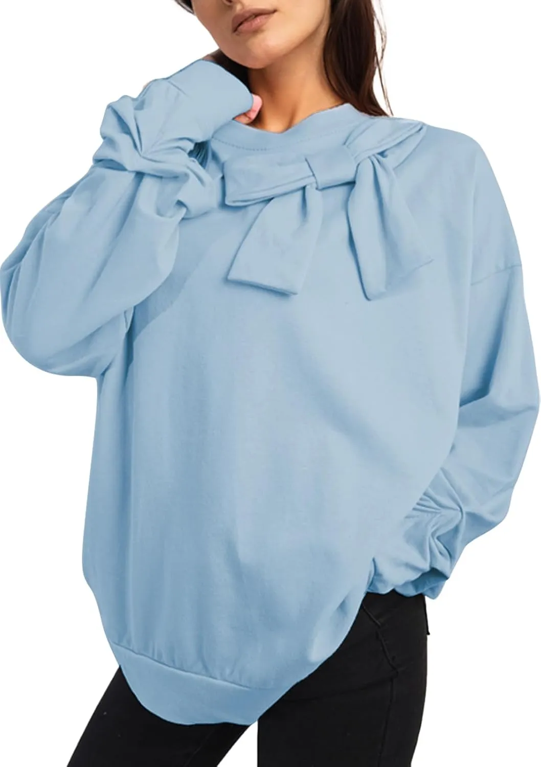 Cakulo 2024 Oversized Sweatshirts For Women Loose Fit Fall Fashion Crewneck Long Sleeve Casual Cute Bow Tunic Tops