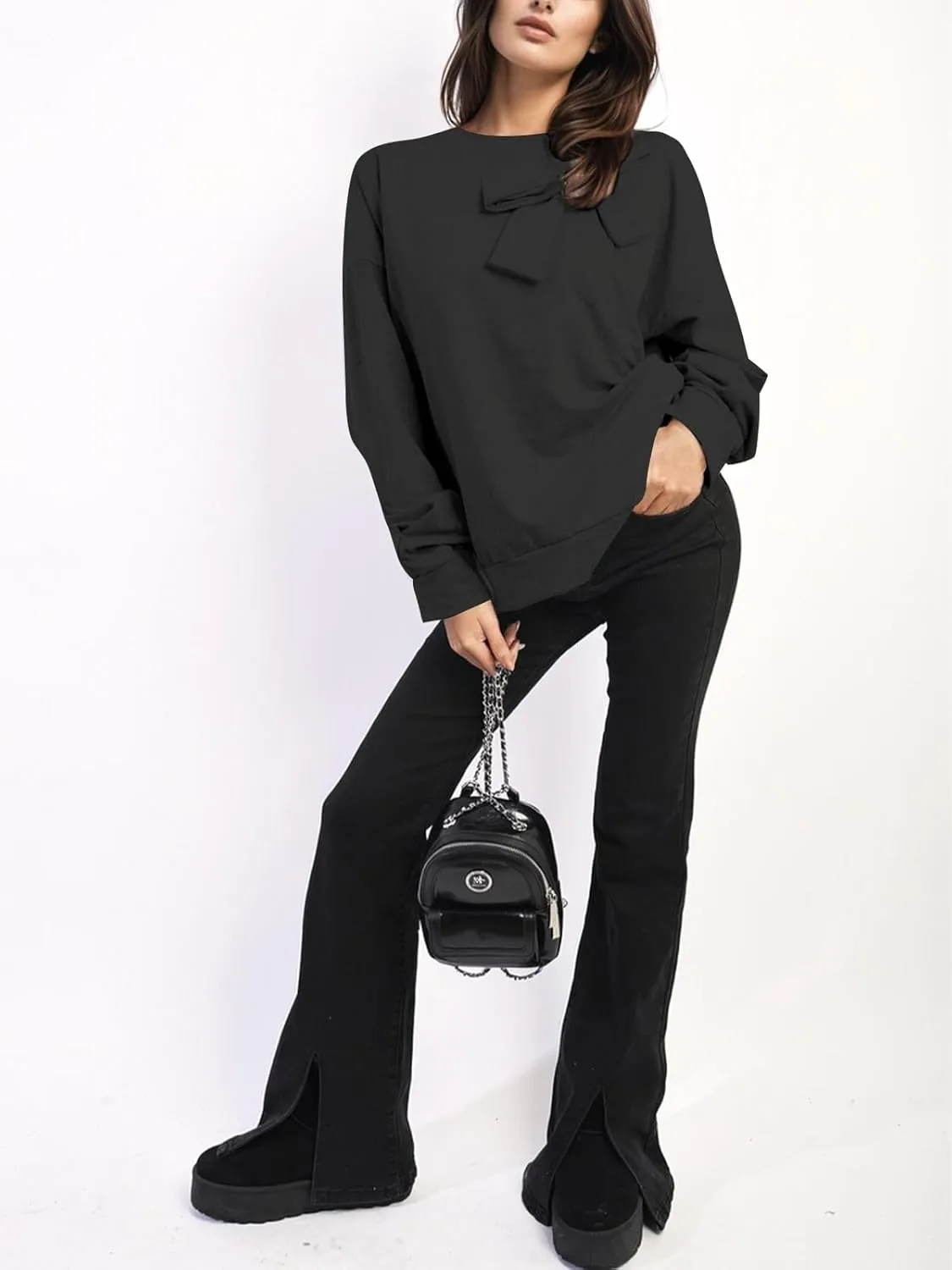 Cakulo 2024 Oversized Sweatshirts For Women Loose Fit Fall Fashion Crewneck Long Sleeve Casual Cute Bow Tunic Tops