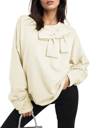 Cakulo 2024 Oversized Sweatshirts For Women Loose Fit Fall Fashion Crewneck Long Sleeve Casual Cute Bow Tunic Tops