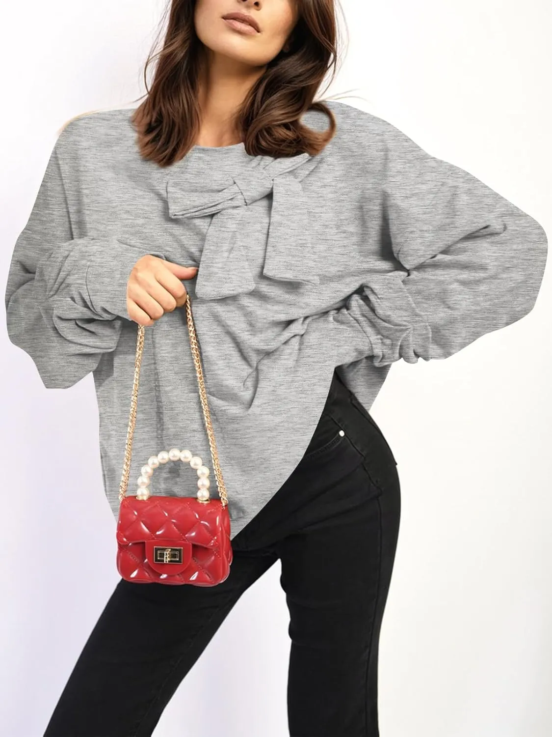 Cakulo 2024 Oversized Sweatshirts For Women Loose Fit Fall Fashion Crewneck Long Sleeve Casual Cute Bow Tunic Tops