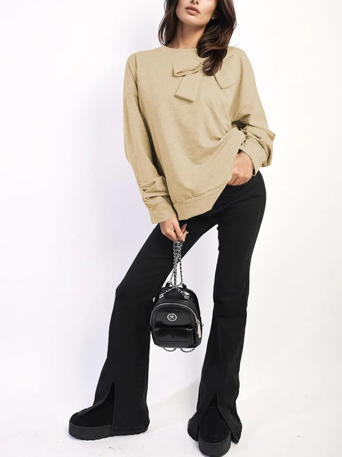 Cakulo 2024 Oversized Sweatshirts For Women Loose Fit Fall Fashion Crewneck Long Sleeve Casual Cute Bow Tunic Tops