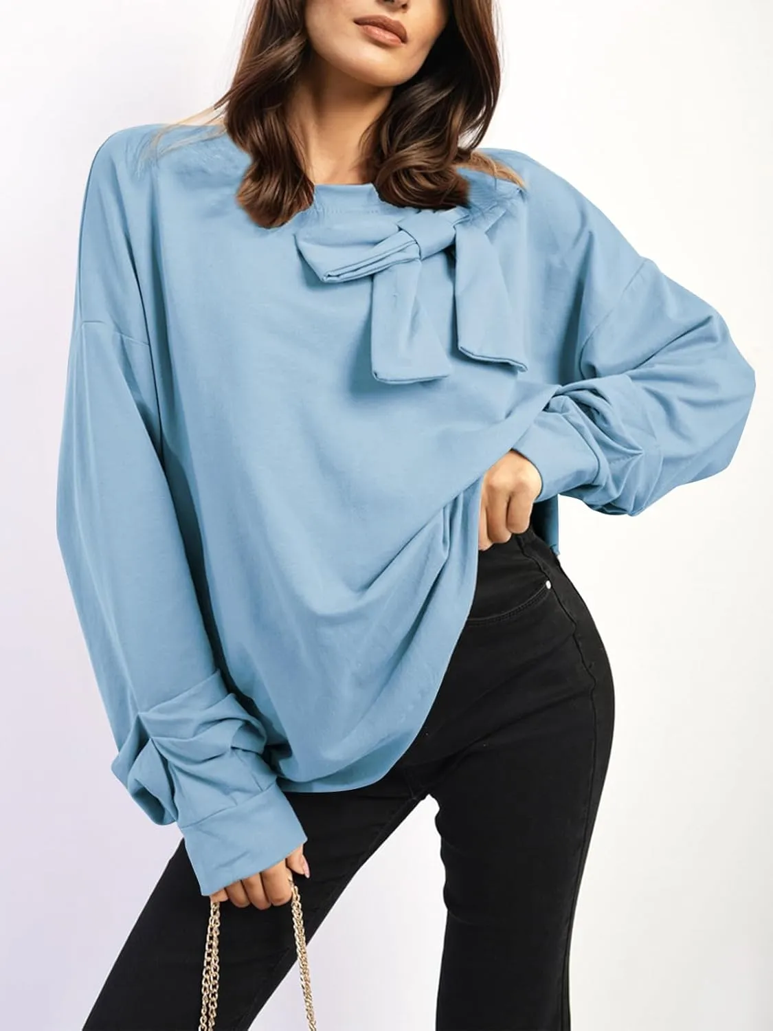 Cakulo 2024 Oversized Sweatshirts For Women Loose Fit Fall Fashion Crewneck Long Sleeve Casual Cute Bow Tunic Tops