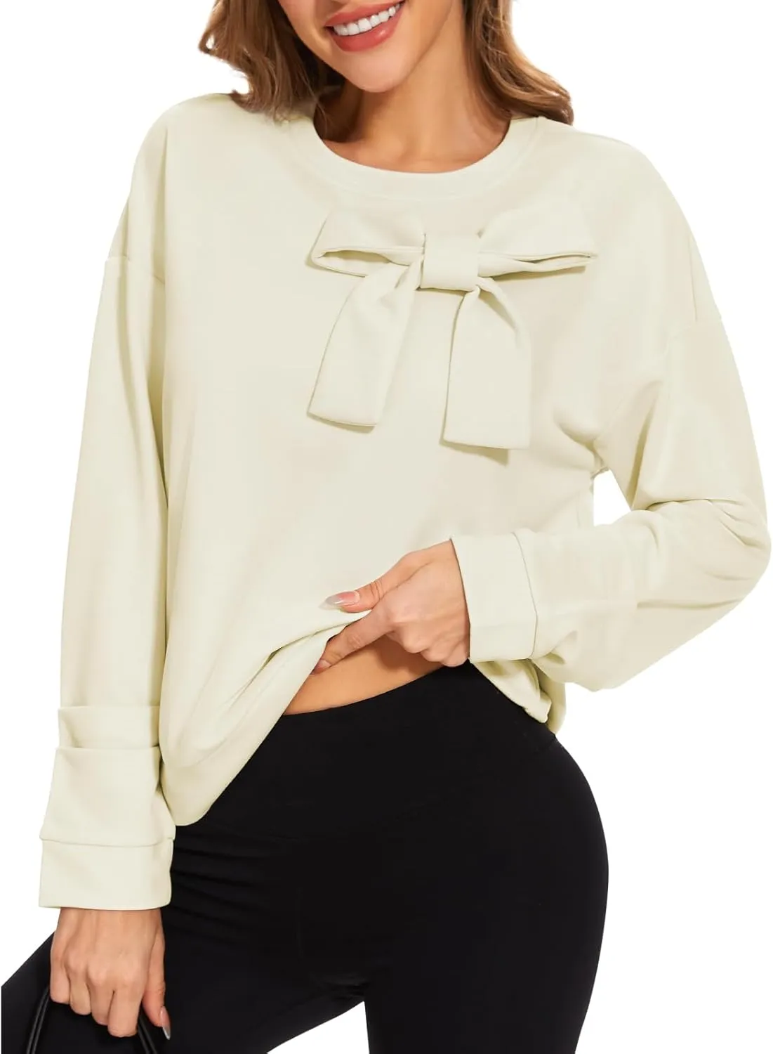 Cakulo 2024 Oversized Sweatshirts For Women Loose Fit Fall Fashion Crewneck Long Sleeve Casual Cute Bow Tunic Tops