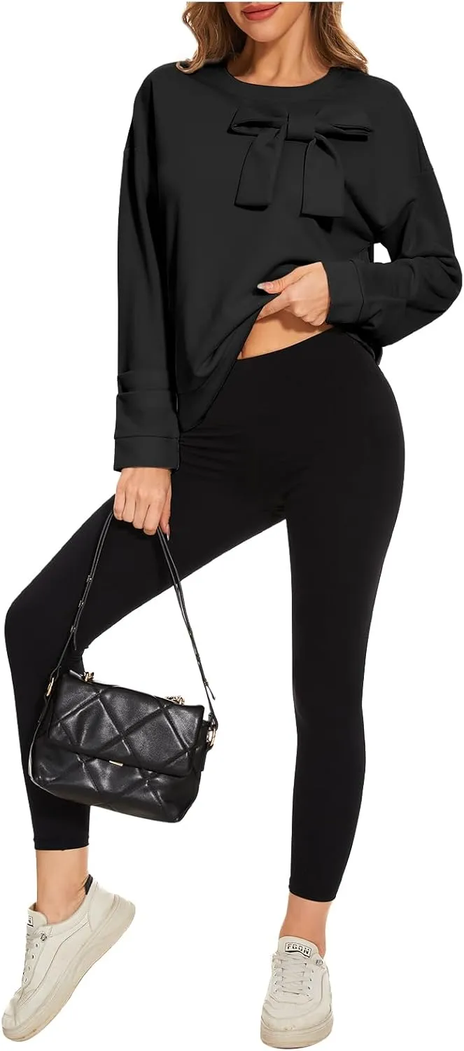 Cakulo 2024 Oversized Sweatshirts For Women Loose Fit Fall Fashion Crewneck Long Sleeve Casual Cute Bow Tunic Tops