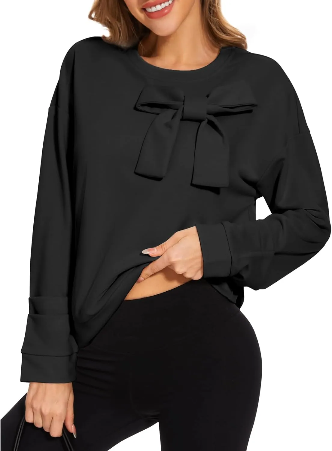 Cakulo 2024 Oversized Sweatshirts For Women Loose Fit Fall Fashion Crewneck Long Sleeve Casual Cute Bow Tunic Tops