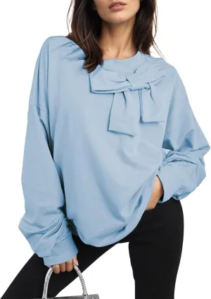 Cakulo 2024 Oversized Sweatshirts For Women Loose Fit Fall Fashion Crewneck Long Sleeve Casual Cute Bow Tunic Tops